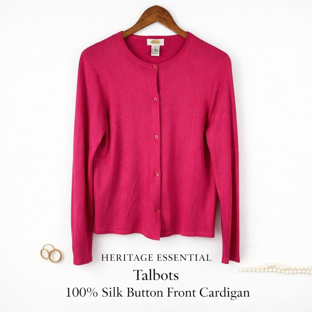 Talbots 100% Silk Pink Button Front Cardigan Lightweight Size 8